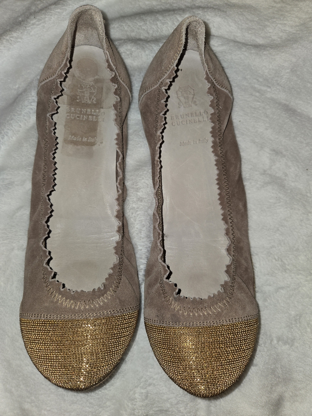 Brunello Cucinelli Taupe Suede Flats with Gold Beaded Toe Cap